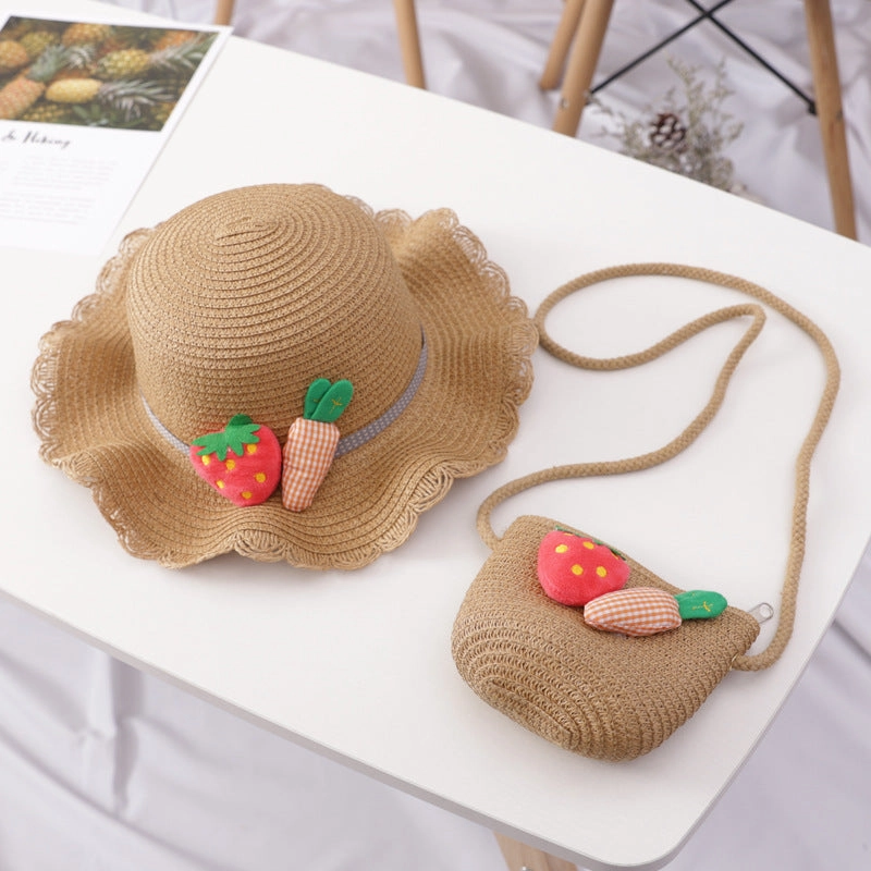 Wholesale Straw Kids Wavy Sunshade Hat Bag Set
