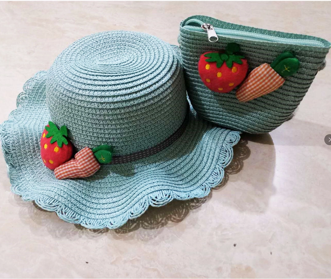 Wholesale Straw Kids Wavy Sunshade Hat Bag Set