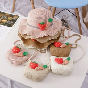 Wholesale Straw Kids Wavy Sunshade Hat Bag Set