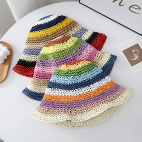 Wholesale Straw Rainbow Beach Bucket Hat