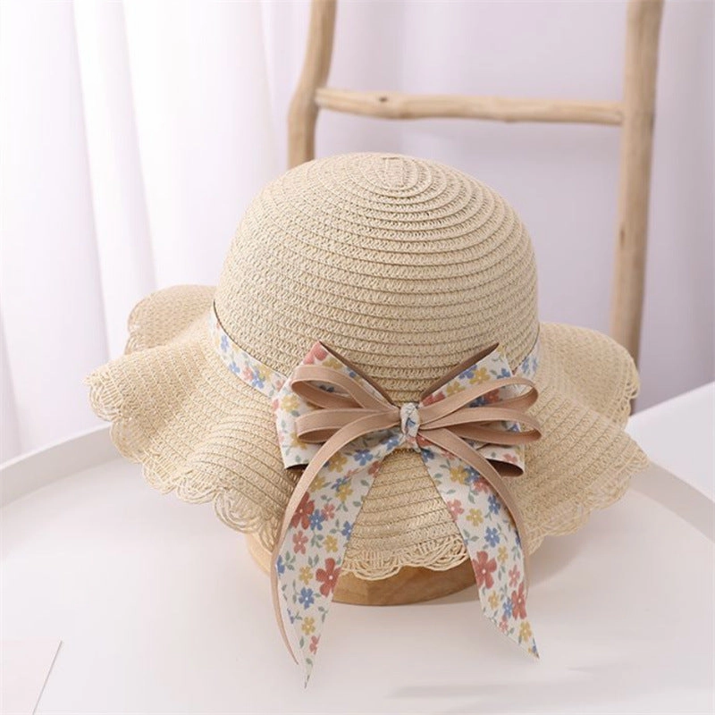 Wholesale Straw Ribbon Flower Kids Bucket Hat