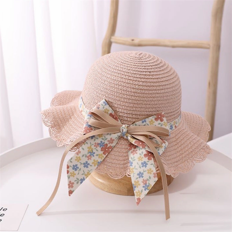 Wholesale Straw Ribbon Flower Kids Bucket Hat