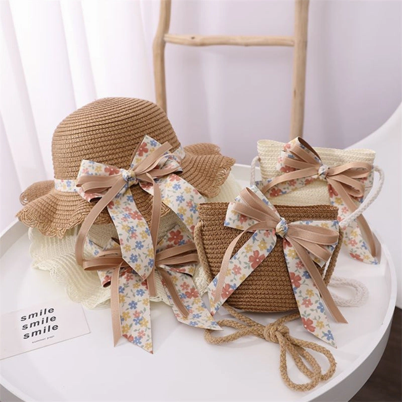 Wholesale Straw Ribbon Flower Kids Bucket Hat