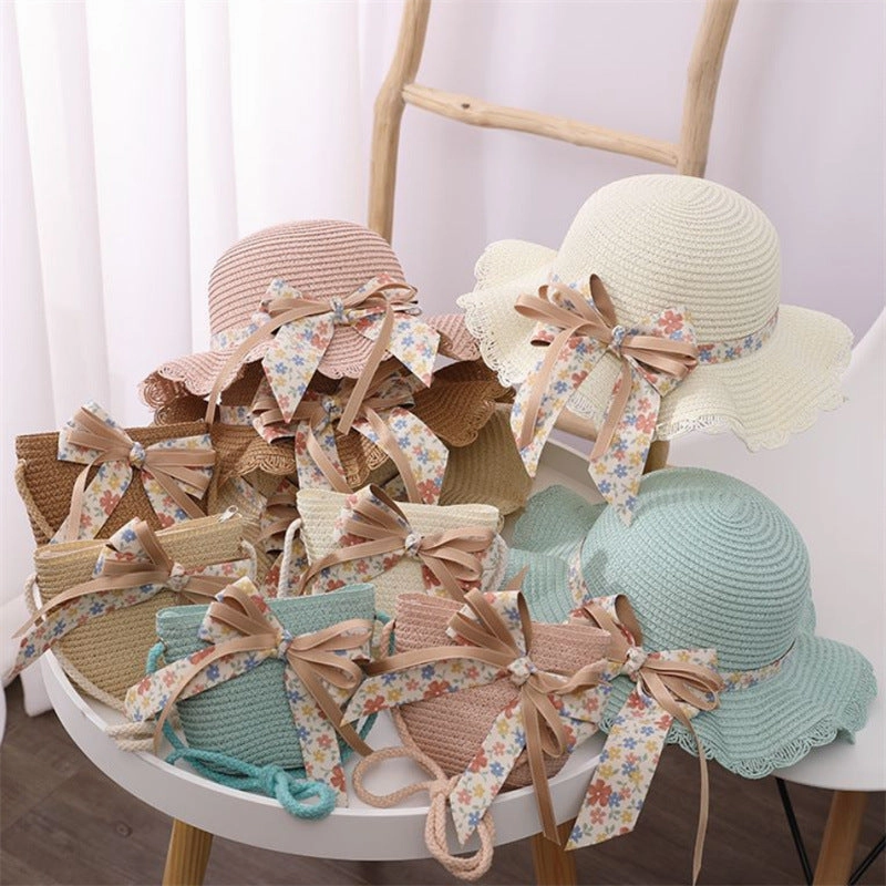 Wholesale Straw Ribbon Flower Kids Bucket Hat