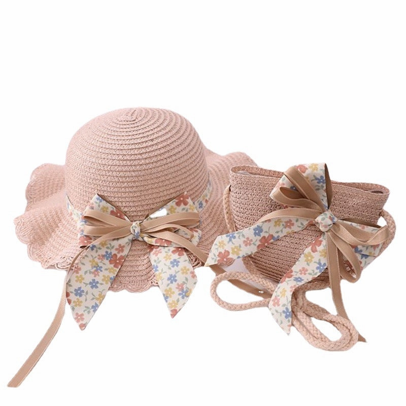 Wholesale Straw Ribbon Flower Kids Bucket Hat