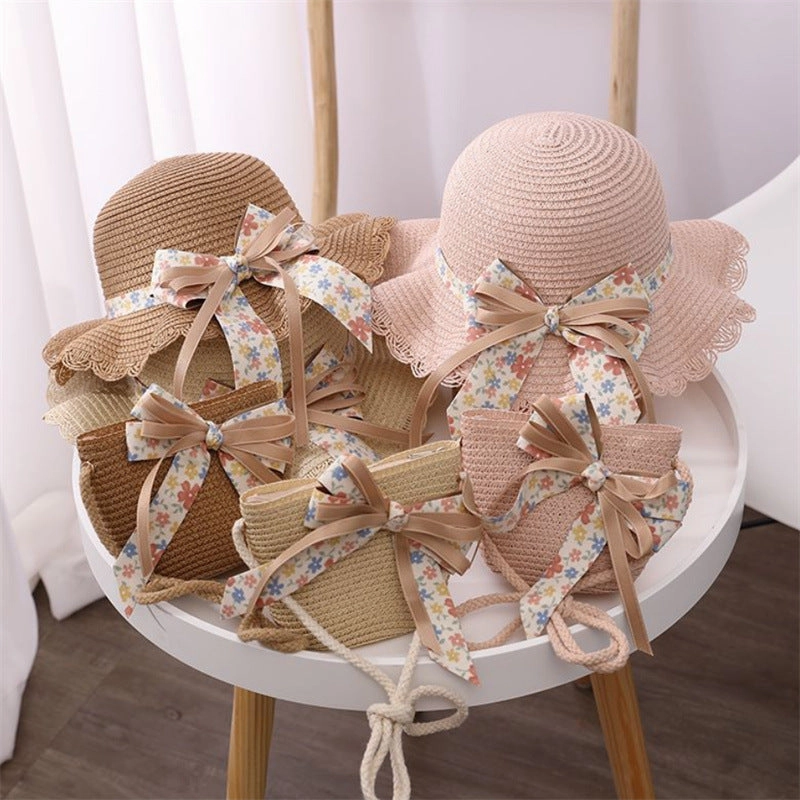 Wholesale Straw Ribbon Flower Kids Bucket Hat