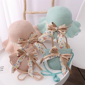Wholesale Straw Ribbon Flower Kids Bucket Hat