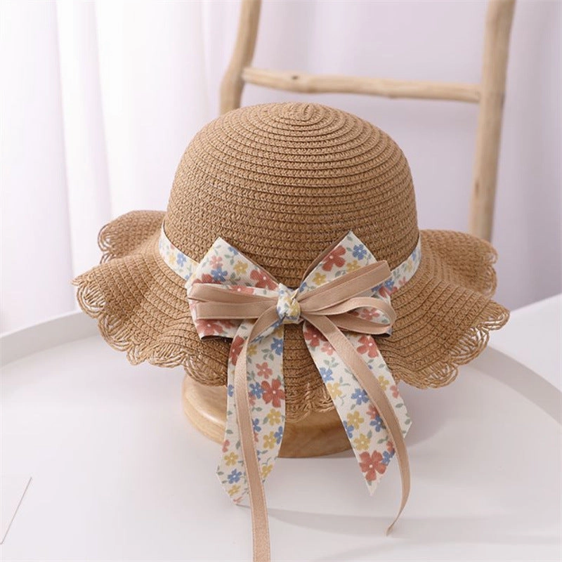 Wholesale Straw Ribbon Flower Kids Bucket Hat
