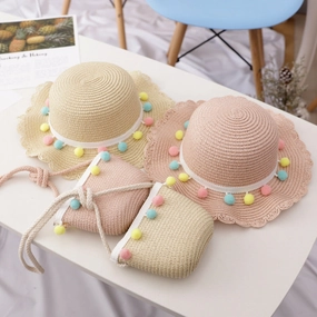 Wholesale Straw Sunscreen Kids Bucket Hat Set