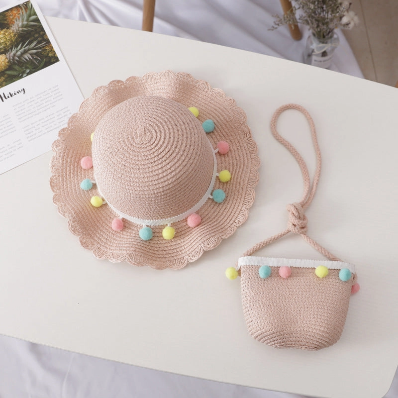 Wholesale Straw Sunscreen Kids Bucket Hat Set