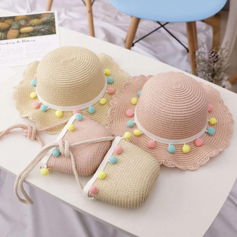 Wholesale Straw Sunscreen Kids Bucket Hat Set