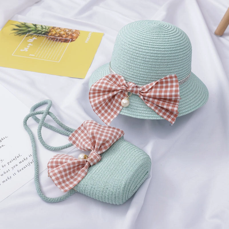 Wholesale Straw Woven Sunscreen Kids Wavy Bucket Hat Set