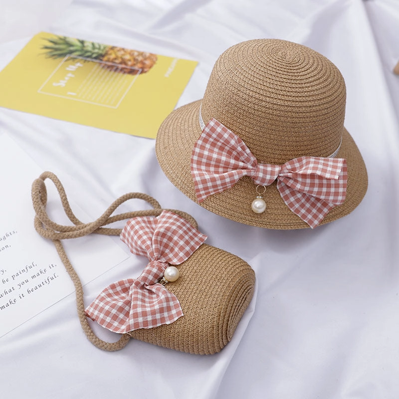 Wholesale Straw Woven Sunscreen Kids Wavy Bucket Hat Set