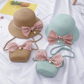 Wholesale Straw Woven Sunscreen Kids Wavy Bucket Hat Set