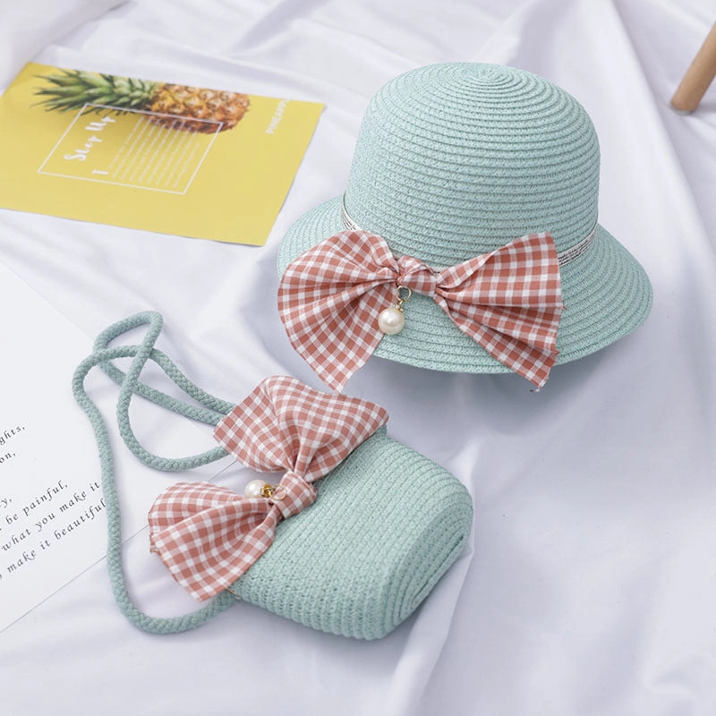Wholesale Straw Woven Sunscreen Kids Wavy Bucket Hat Set