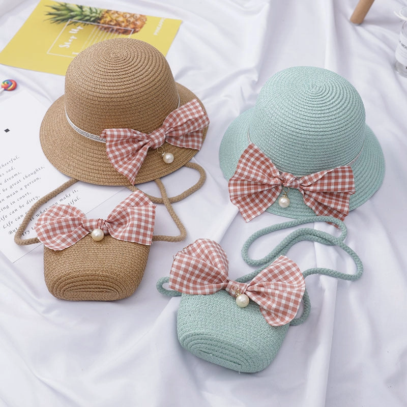 Wholesale Straw Woven Sunscreen Kids Wavy Bucket Hat Set