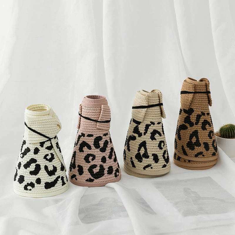 Wholesale Summer Bow Leopard Empty Top Straw Hat
