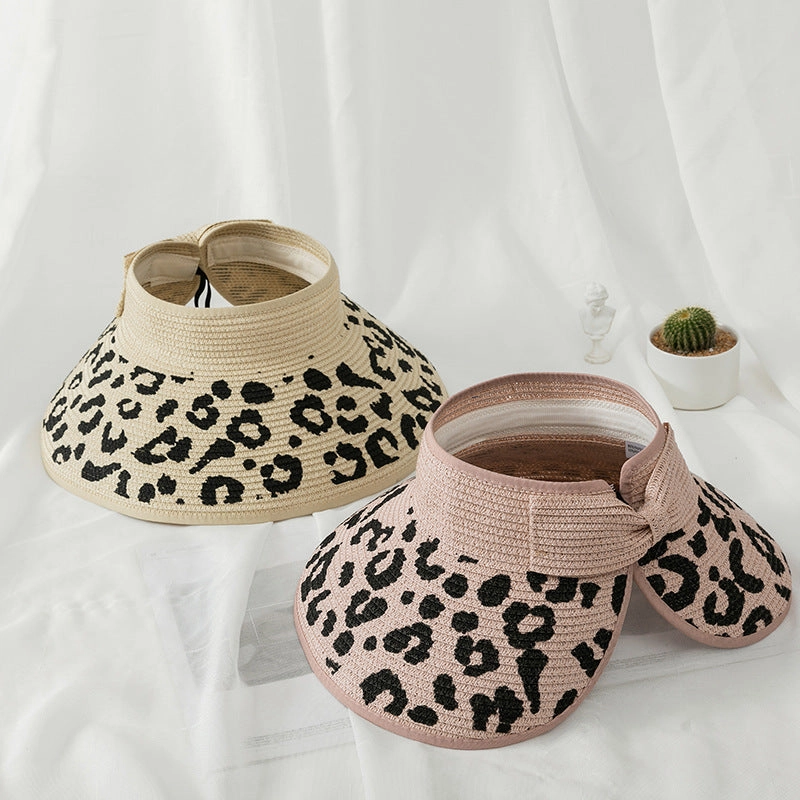 Wholesale Summer Bow Leopard Empty Top Straw Hat
