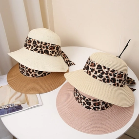 Wholesale Summer Leopard Bow Floating Straw Hat