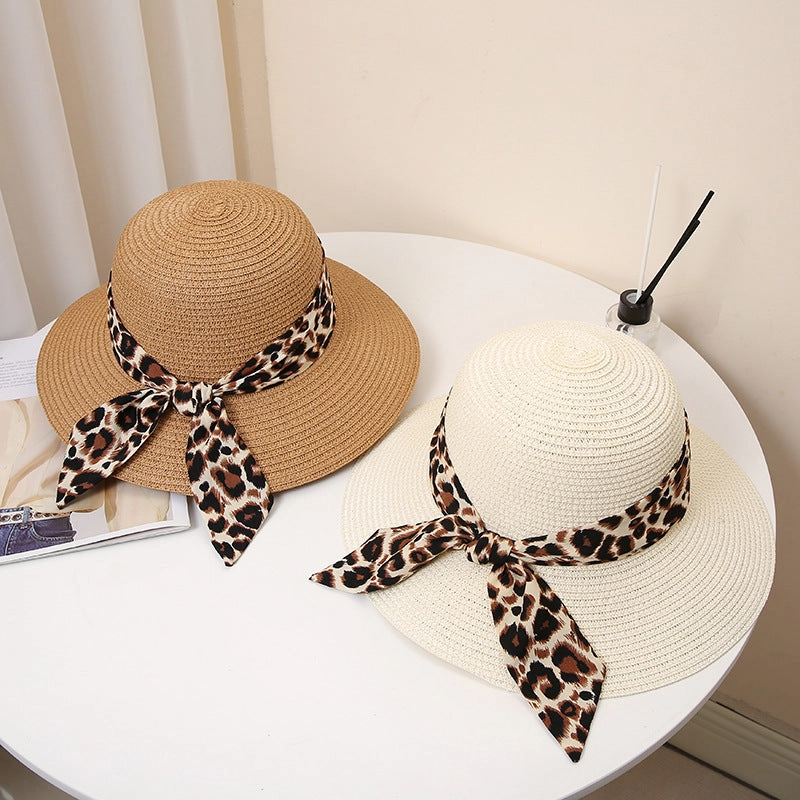 Wholesale Summer Leopard Bow Floating Straw Hat