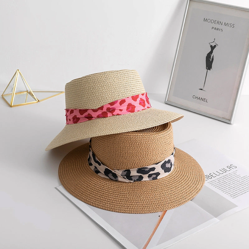 Wholesale Summer Leopard Silk Scarf Straw Hat