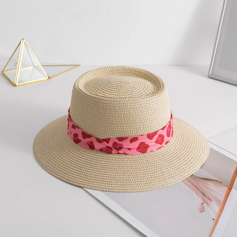 Wholesale Summer Leopard Silk Scarf Straw Hat