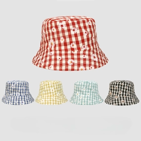 Wholesale Sunscreen Daisy Plaid Print Polyester Bucket Hat
