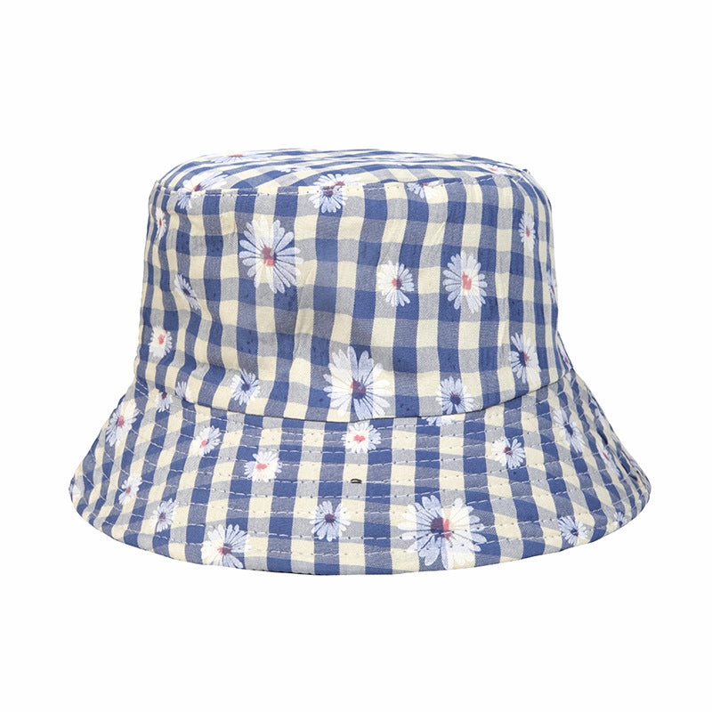 Wholesale Sunscreen Daisy Plaid Print Polyester Bucket Hat