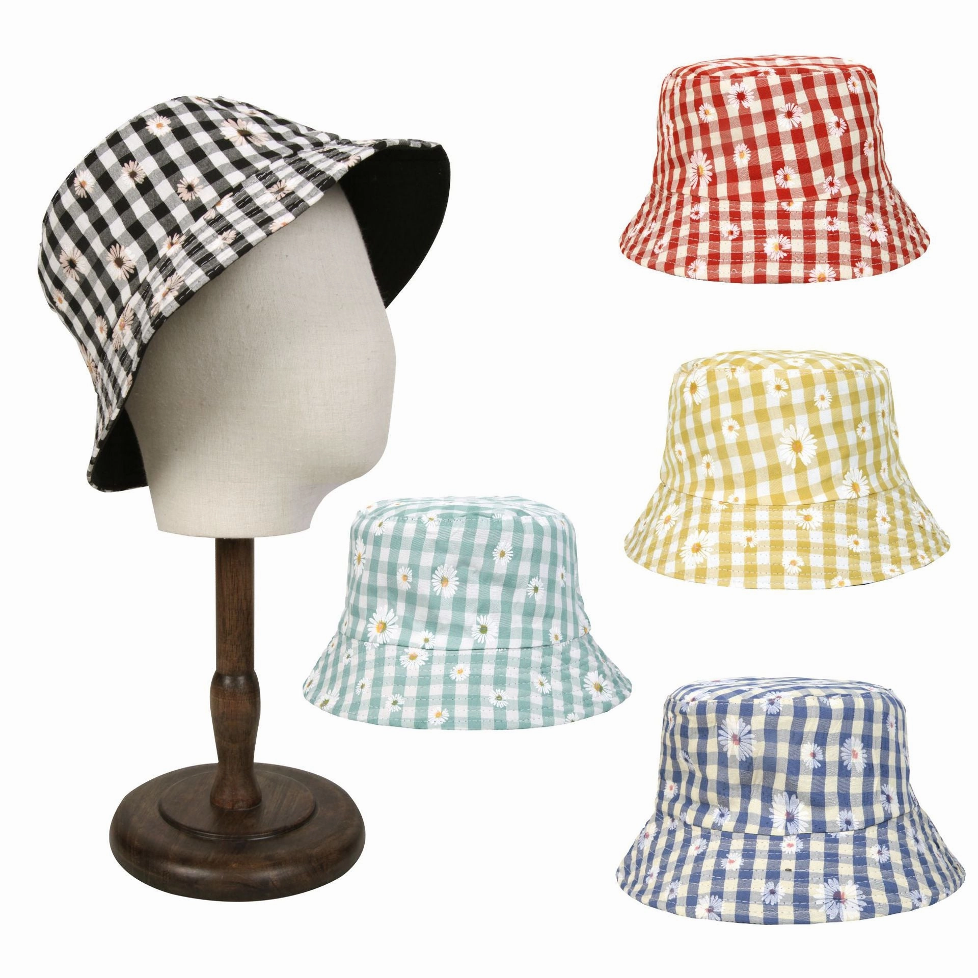 Wholesale Sunscreen Daisy Plaid Print Polyester Bucket Hat