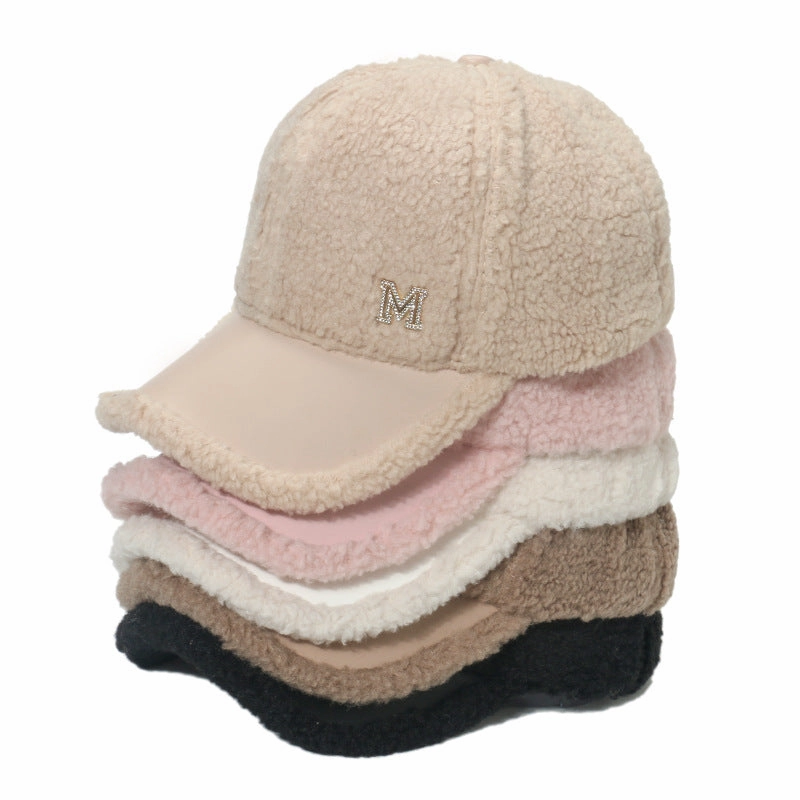 Wholesale Thickened Warm Diamond-studded Lambskin Leather Baseball Cap