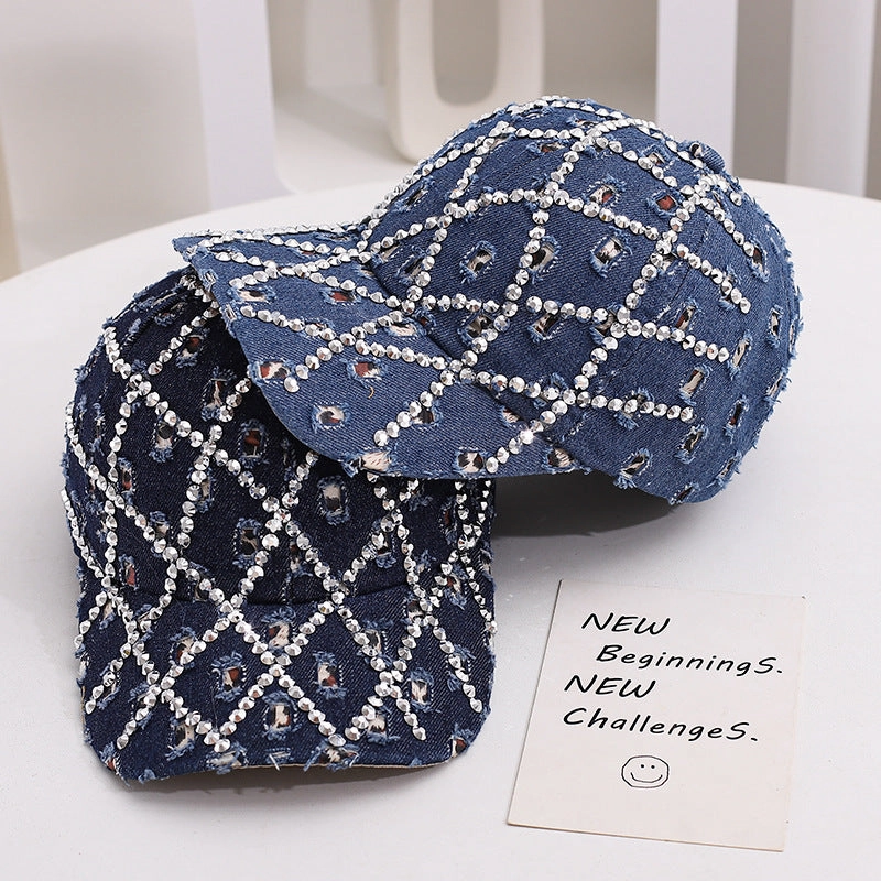 Wholesale Trendy Washed Denim Diamond Baseball Cap with Holes