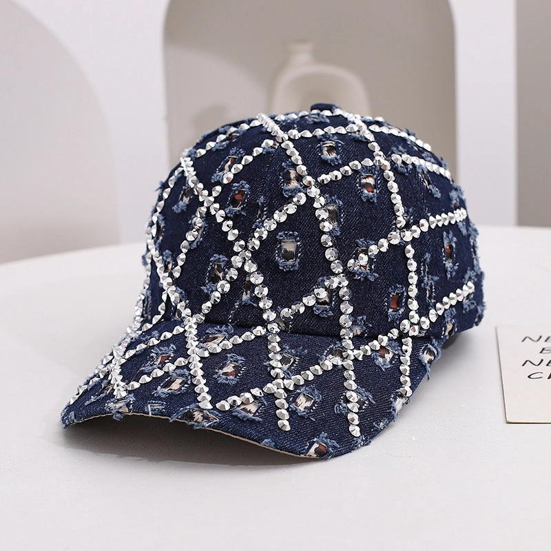 Wholesale Trendy Washed Denim Diamond Baseball Cap with Holes