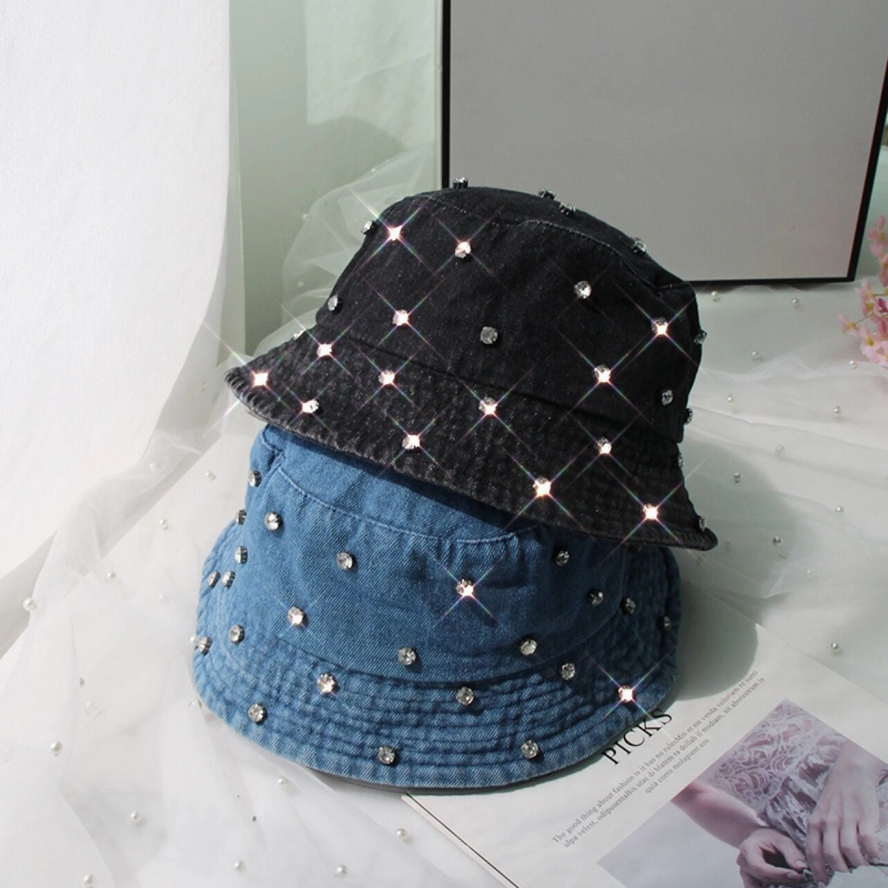 Wholesale Washed Denim Sun Protection Fisherman Hat with Rhinestones
