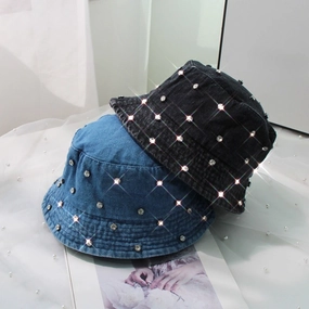 Wholesale Washed Denim Sun Protection Fisherman Hat with Rhinestones