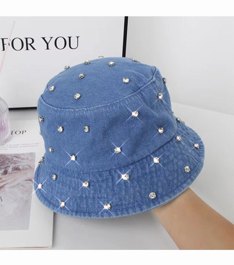 Wholesale Washed Denim Sun Protection Fisherman Hat with Rhinestones