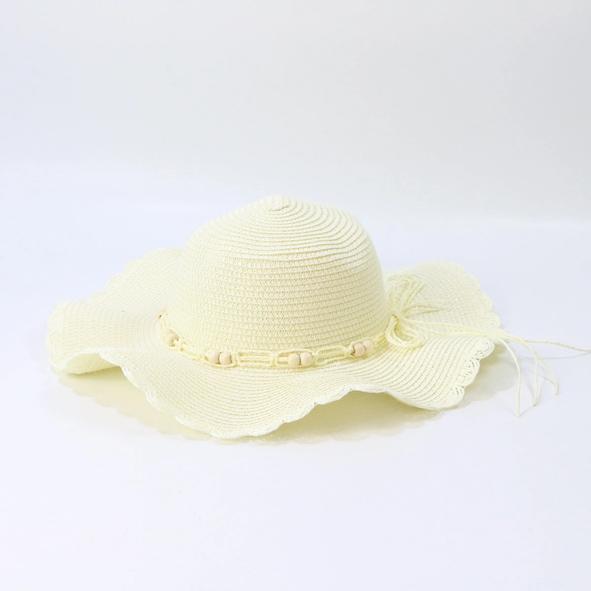 Wholesale Wide Brim Wood Bead Lace Wavy Straw Hat