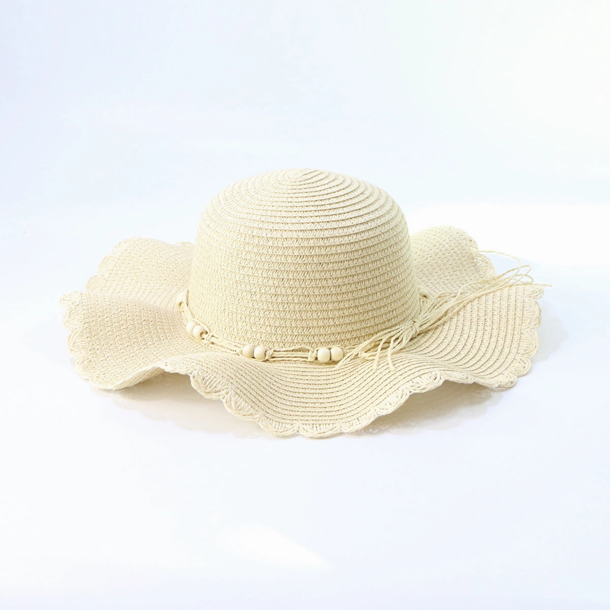 Wholesale Wide Brim Wood Bead Lace Wavy Straw Hat