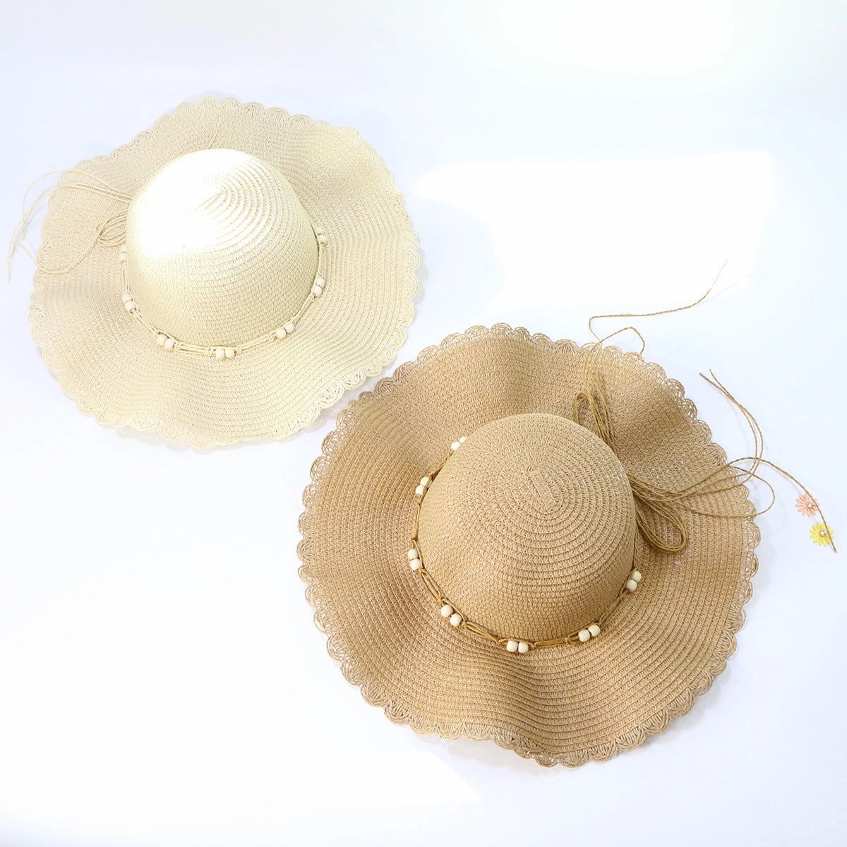 Wholesale Wide Brim Wood Bead Lace Wavy Straw Hat