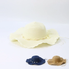 Wholesale Wide Brim Wood Bead Lace Wavy Straw Hat
