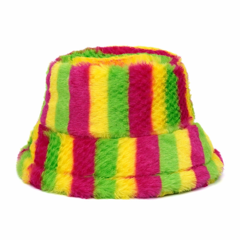 Wholesale Winter Plush Hat Colorful Stripe Printed Fisherman Hat
