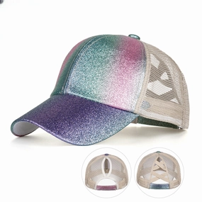 Wholesale Women's Ombre Glitter Double Cross Elastic Mesh Ponytail Baseball Cap