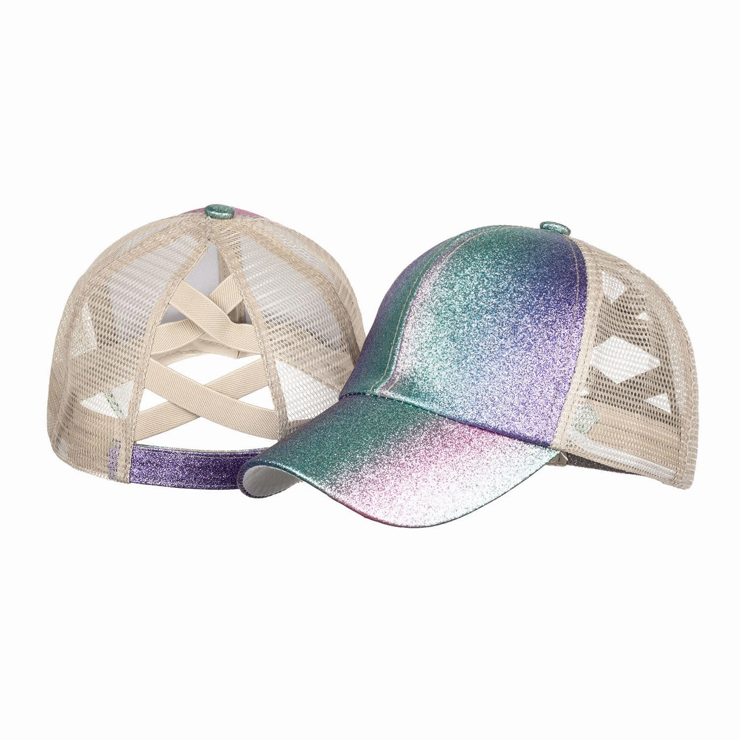 Wholesale Women's Ombre Glitter Double Cross Elastic Mesh Ponytail Baseball Cap
