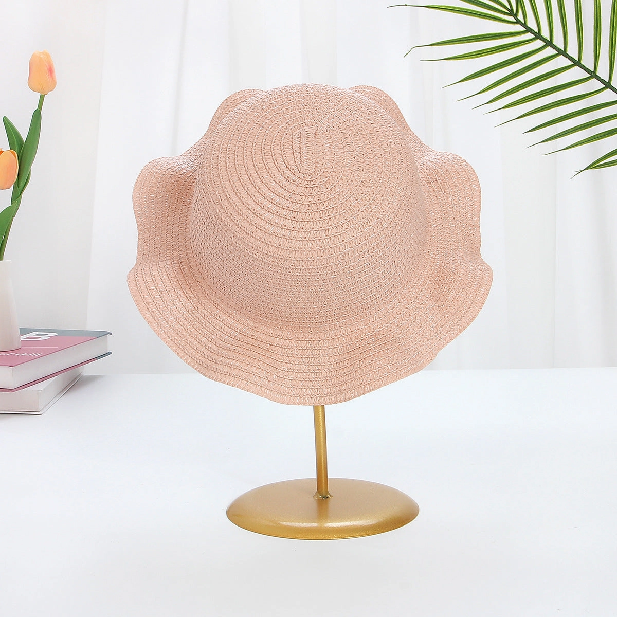 Windproof Cord Kids Wavy Straw Hat Large Brim Sun Protection