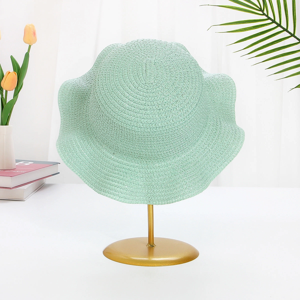 Windproof Cord Kids Wavy Straw Hat Large Brim Sun Protection