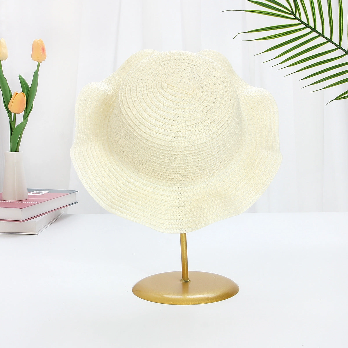 Windproof Cord Kids Wavy Straw Hat Large Brim Sun Protection