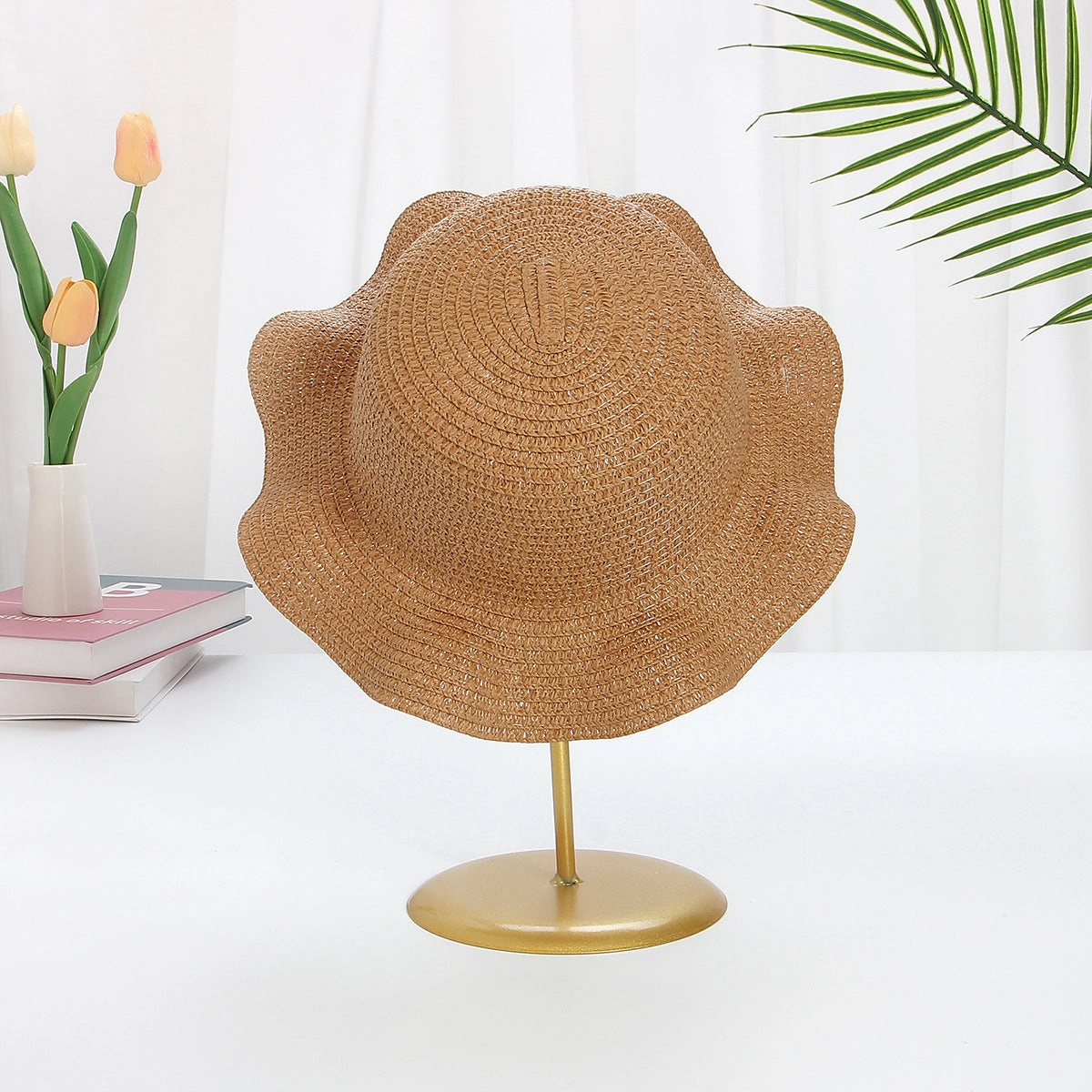 Windproof Cord Kids Wavy Straw Hat Large Brim Sun Protection