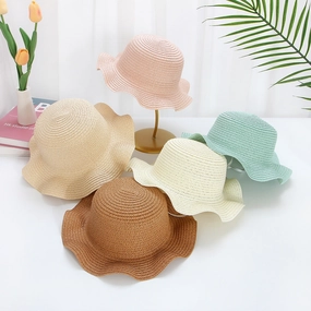 Windproof Cord Kids Wavy Straw Hat Large Brim Sun Protection