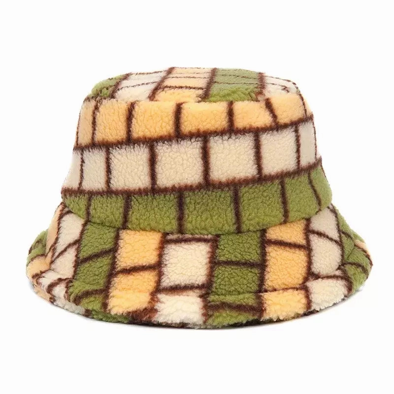 Winter Plaid Fur Bucket Hat