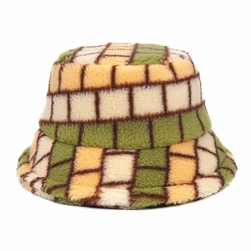 Winter Plaid Fur Bucket Hat
