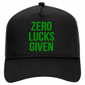 Zero Lucks Given Funny St Patricks Day Retro Adult 5 Panel Mesh Trucker Hat
